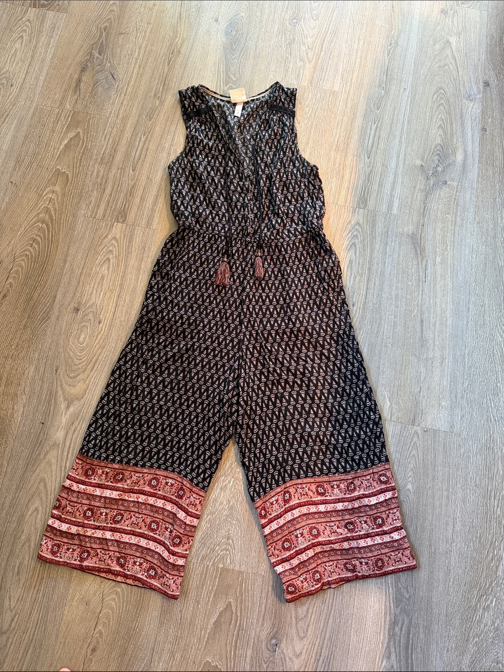 Knox Rose Black Jumpsuit with Red Border Print